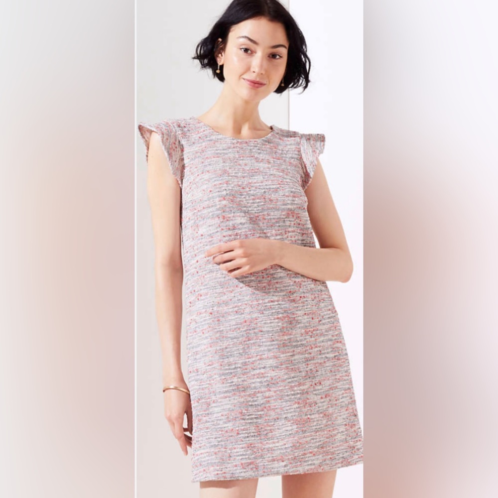 Loft Dress Pink Shift Short Crew Neck Flutter Sleeves Zip Back Tweed Sz 14